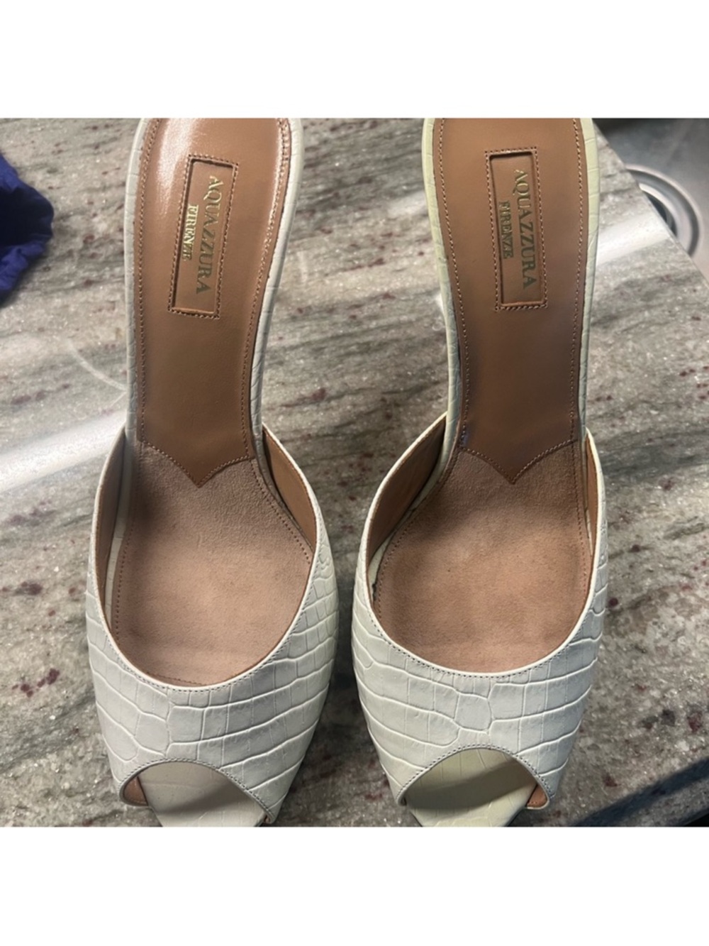 Aquazzura Ivory Croc-Embossed Open-Toe Mules